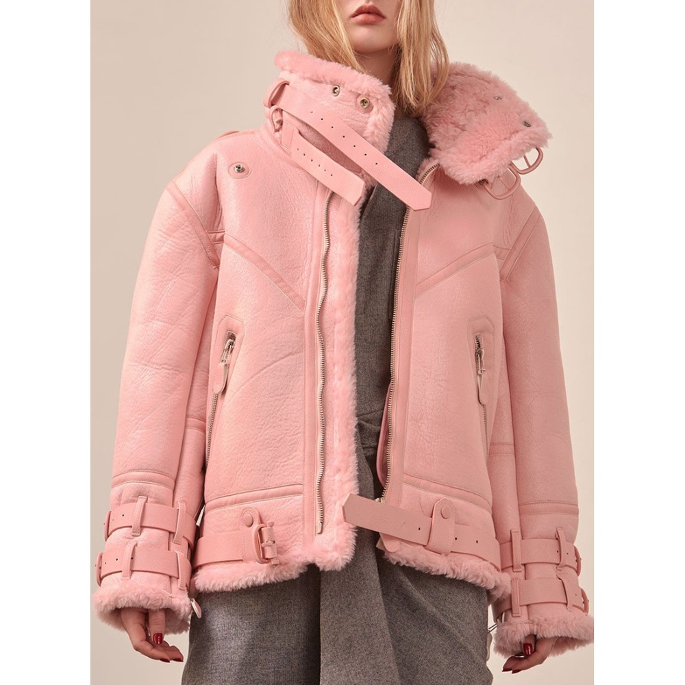 Oversized Pink Shearling Motorcycle Leather Jacket